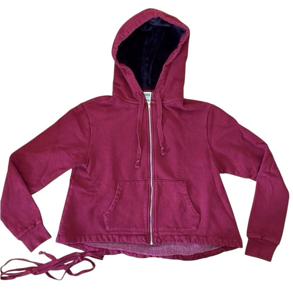 Victorias Secret PINK Faux Fur Lined Hood Sweatshirt Full Zip Burgundy Maroon - Picture 2 of 13